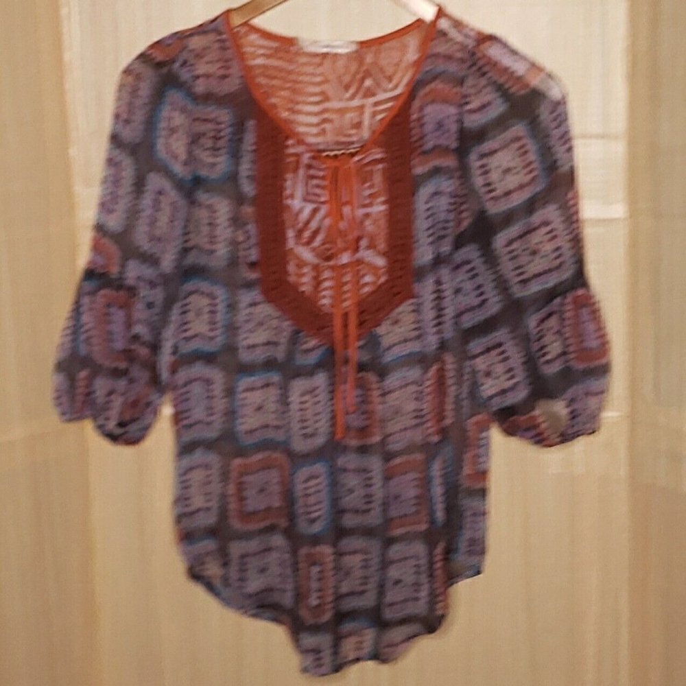 Gibson Orange Blue Sheer Boho Blouse Large